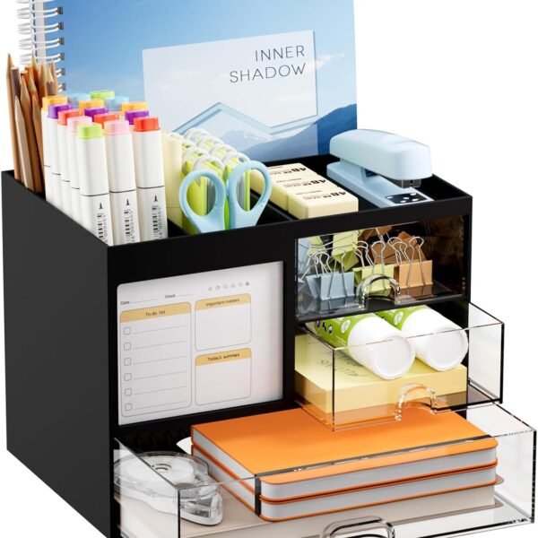 Marbrasse Desk Organizer with 3 Drawer, Multi-Functional Pencil Pen Holder for Desk, Desk Organizers and Accessories with 4 Compartments, Desktop Organizer Storage for Office Home Art Supplies (Black)