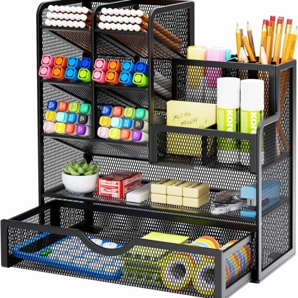 Marbrasse Mesh Pen Holder for Desk, Multi-Functional Pencil Organizer with Drawer, Desk Organizers and Accessories for Office Art Supplies (Black)