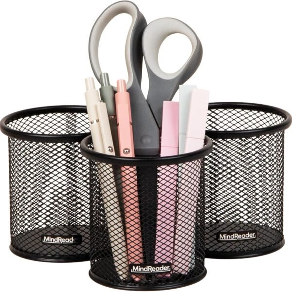 Mind Reader Pen and Accessories Holder, Desktop Organizer, Office, Metal Mesh, 3.5"L x 3.5"W x 3.75"H, Set of 3, Black