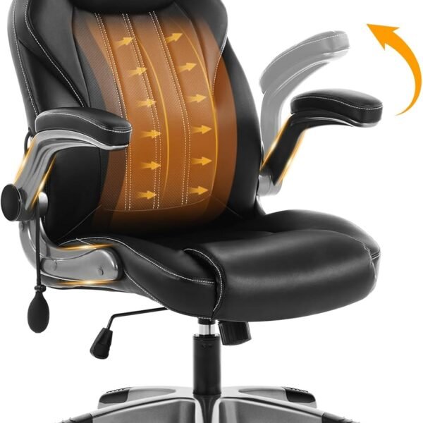 Office Desk Chair, Ergonomic Computer Chair with Padded Flip-Up Arms and Adjustable Lumbar Support, PU Leather Executive Chair with Tilt Lock and 360° Swivel Rolling Wheels for Work, Study