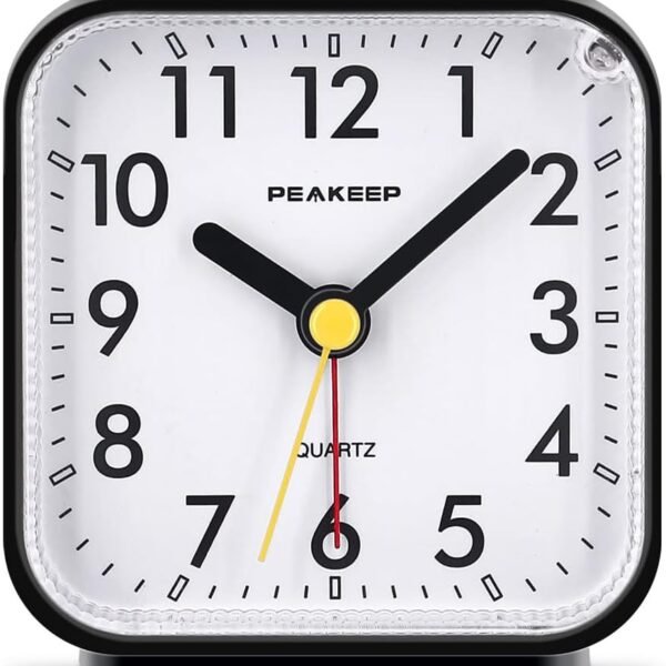 Peakeep Small Battery Operated Analog Travel Alarm Clock Silent No Ticking, Lighted on Demand and Snooze, Beep Sounds, Gentle Wake, Ascending Alarm, Easy Set (Black)