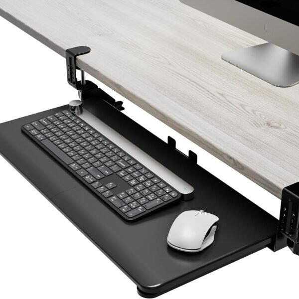PiomuDek Keyboard Tray Under Desk Slide, 25.6"(30” Including Clamps) x 11.8" Height Adjustable Slide-Out Keyboard Drawer with C Clamp, Ergonomic Pull Out Platform Computer Drawer for Typing, Black