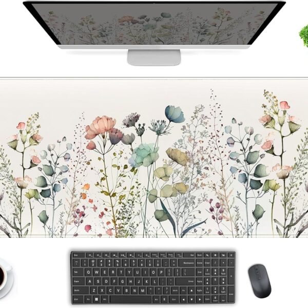 Cute Wild Flower Desk Mat, Boho Aesthetic XL Large Extended Gaming Mouse Pad Desk Pad with Stitched Edges 31.5x11.8 in, Computer Laptop Mousepad Keyboard and Mouse Mat for Women Office Desk Decor