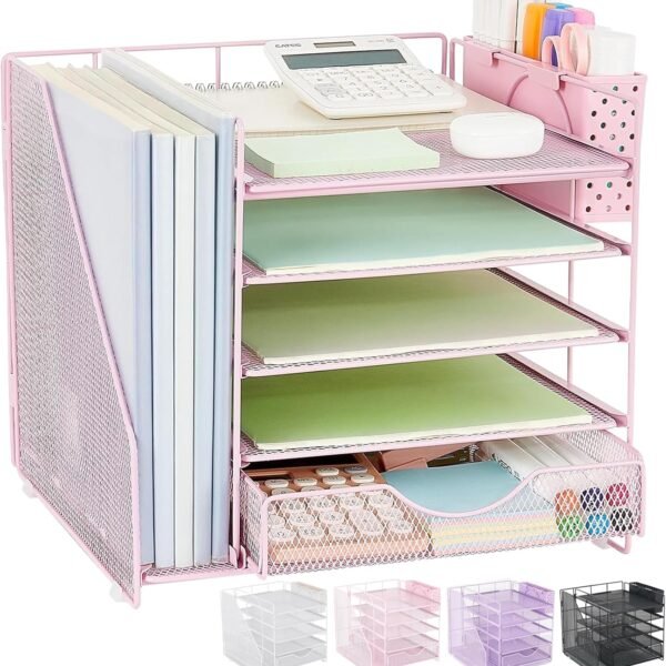Desk Organizer with Drawer and Pen Holder, 5-Tier Paper Letter Tray Organizer with File Holder, Suitable for Workspace Organizer Office Supplies Storage (Pink)