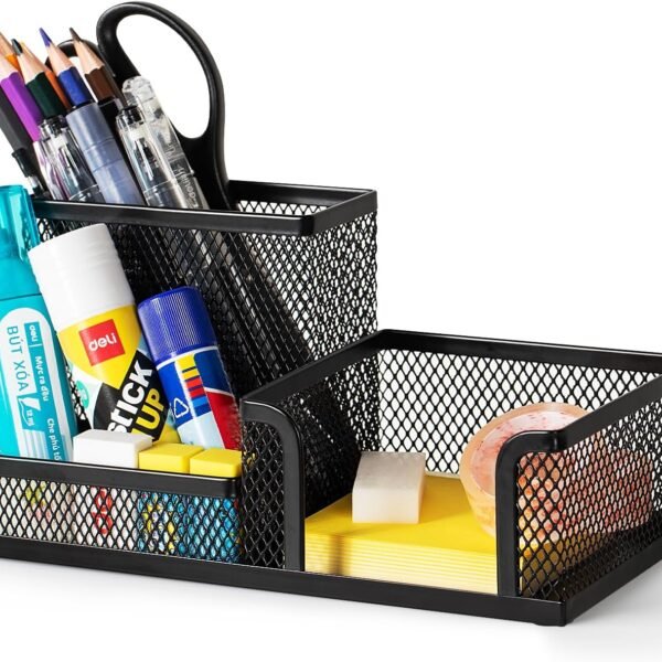 deli Mesh Desk Organizer Office Supplies Caddy with Pencil Holder and Storage Baskets for Desktop Accessories, 3 Compartments, Black