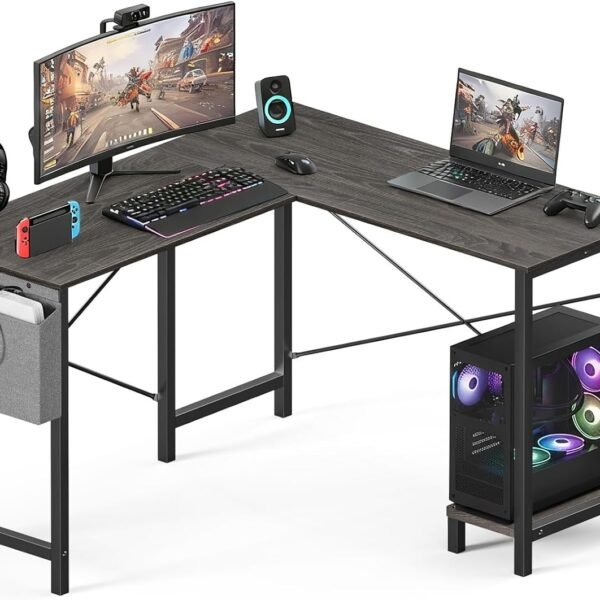 OLIXIS 50-Inch L Shaped Desk,Grey Office Computer Gaming Desks Corner PC Table with Side Bag and Reversible Shelf for Home Work Study Writing